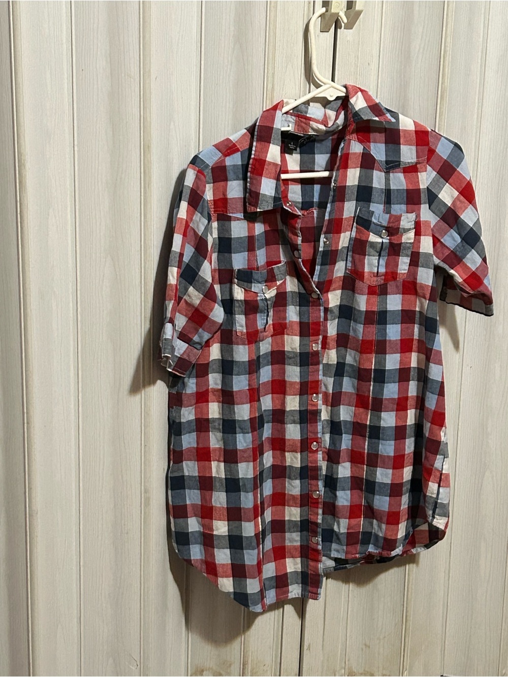 Men's Short-Sleeve Red & Blue Plaid Button-Down Shirt w/ Pearl Snaps!! LOOK!!!